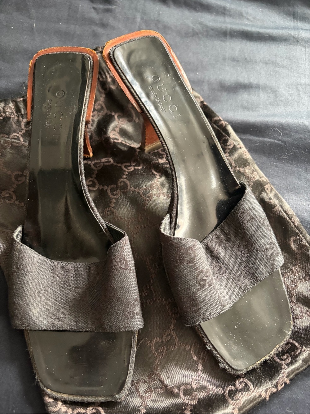 Gucci-Tom Ford Black Canvas Slide Mules with Brown Heel